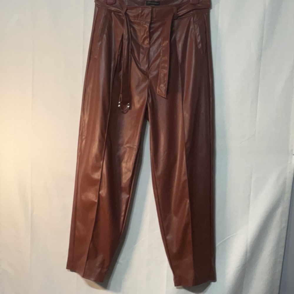 Brown Faux Leather Pants with Belt